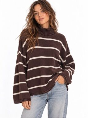 Gap Oversized Fisherman Sweater Striped Turtleneck Relaxed Chunky Chocolate XXL